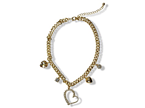 Gold Tone Crystal Heart Charm Necklace.