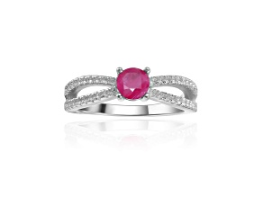 Round Ruby with White Sapphire Accents Sterling Silver Split Shank Ring, 0.60ctw