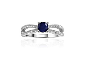 Round Blue Sapphire with White Sapphire Accents Sterling Silver Split Shank Ring, 0.60ctw