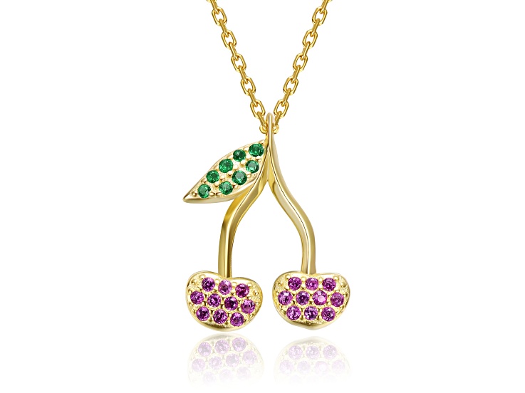 Pink and Emerald Green Cubic Zirconia, 14K Gold Plated over Brass with Cherry Necklace for Teens