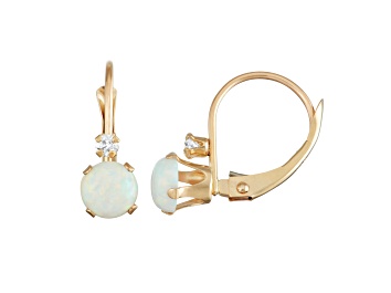 Picture of Lab Created Opal and White Zircon 10K Yellow Gold Dangle Earrings 0.62ctw