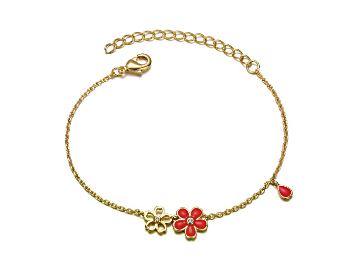 Clear Cubic Zirconia,14k Gold Plated over Brass Flower Charm red Enamel Bracelet for Kids