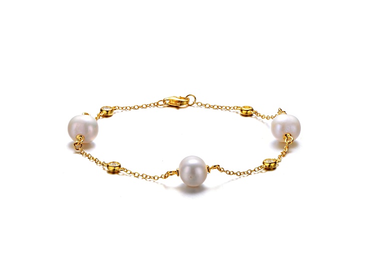 Freshwater Pearl & Cubic Zirconia, 14K Gold Plated over Sterling Silver Station Bracelet