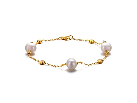 Freshwater Pearl & Cubic Zirconia, 14K Gold Plated over Sterling Silver Station Bracelet