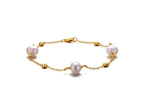Freshwater Pearl & Cubic Zirconia, 14K Gold Plated over Sterling Silver Station Bracelet