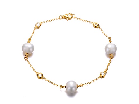 Freshwater Pearl & Cubic Zirconia, 14K Gold Plated over Sterling Silver Station Bracelet