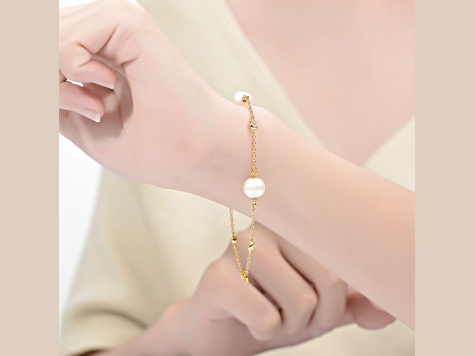 Freshwater Pearl & Cubic Zirconia, 14K Gold Plated over Sterling Silver Station Bracelet