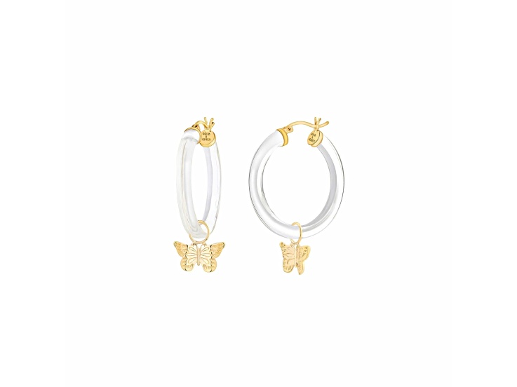 14K Yellow Gold Over Sterling Silver Acrylic Mini Butterfly Charm Hoop Earrings in Clear