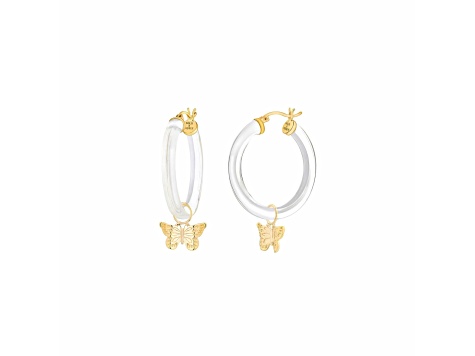 14K Yellow Gold Over Sterling Silver Acrylic Mini Butterfly Charm Hoop Earrings in Clear