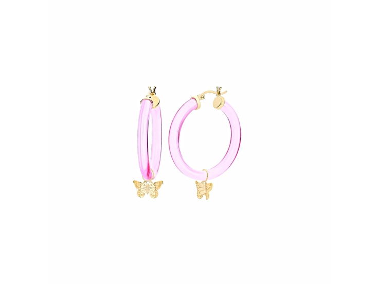 14K Yellow Gold Over Sterling Silver Acrylic Mini Butterfly Charm Hoop Earrings in Pink