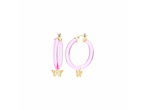 14K Yellow Gold Over Sterling Silver Acrylic Mini Butterfly Charm Hoop Earrings in Pink