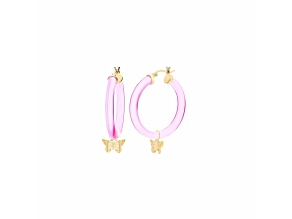 14K Yellow Gold Over Sterling Silver Lucite Mini Butterfly Charm Hoop Earrings in Pink