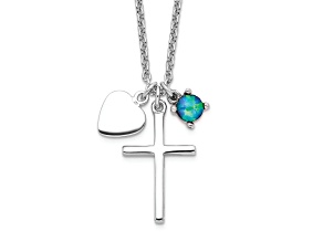 Rhodium Over Sterling Silver Lab Created Blue Opal Cross Necklace