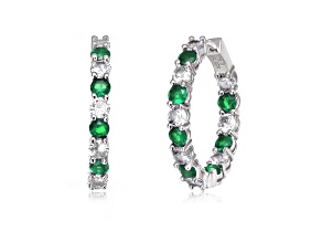 Rhodium White Gold Over Brass Base with Green Color Cubic Zirconia Inside Out Hoop Earrings