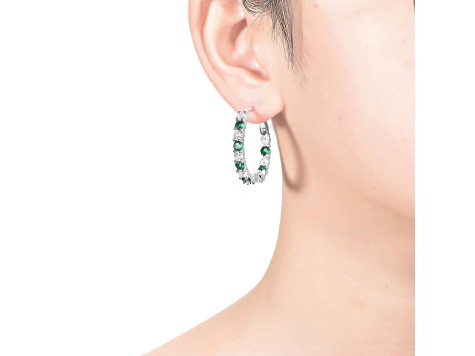 Rhodium White Gold Over Brass Base with Green Color Cubic Zirconia Inside Out Hoop Earrings