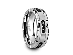 VALOR Grooved Tungsten Ring with Silver Inlay & Black Diamonds - 8mm