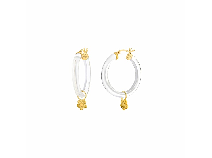 14K Yellow Gold Over Sterling Silver Acrylic Mini Flower Charm Hoop Earrings in Clear
