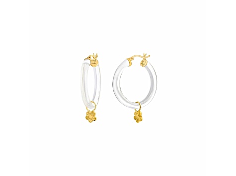 14K Yellow Gold Over Sterling Silver Acrylic Mini Flower Charm Hoop Earrings in Clear