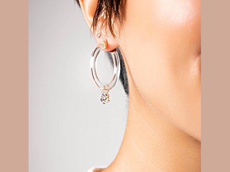 14K Yellow Gold Over Sterling Silver Acrylic Mini Flower Charm Hoop Earrings in Clear