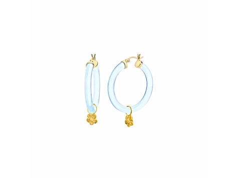 14K Yellow Gold Over Sterling Silver Acrylic Mini Flower Charm Hoop Earrings in Blue