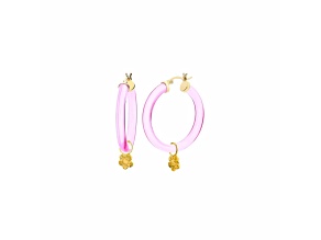14K Yellow Gold Over Sterling Silver Lucite Mini Flower Charm Hoop Earrings in Pink