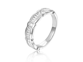 Baguette and Round White Topaz Sterling Silver Scalloped Design Band Ring, 0.33ctw