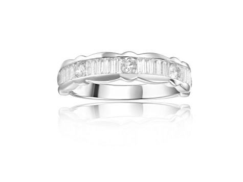 Baguette and Round White Topaz Sterling Silver Scalloped Design Band Ring, 0.33ctw