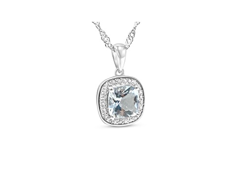 Square Cushion Aquamarine and Cubic Zirconia Rhodium Over Sterling Silver Pendant and chain, 1.78ctw