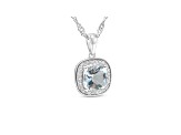 Square Cushion Aquamarine and Cubic Zirconia Rhodium Over Sterling Silver Pendant and chain, 1.78ctw