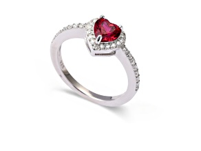 Red Lab Created Ruby Ring With Moissanite Rhodium Over Sterling Silver Halo Heart Ring