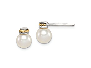 Sterling Silver Antiqued with 14K Accent Freshwater Cultured Pearl Earrings