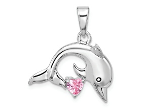 Rhodium Over Sterling Silver Polished and Antiqued Pink Cubic Zirconia Dolphin Pendant