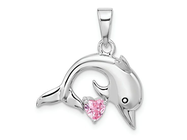 Rhodium Over Sterling Silver Polished and Antiqued Pink Cubic Zirconia Dolphin Pendant