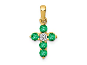 10k Yellow Gold and Rhodium Over 10k Yellow Gold 0.33 ctw Emerald and Diamond Cross Pendant