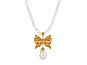 Yellow Base Metal Faux Pearl Gold Bow Drop Necklace 15" Adj.