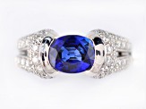 Oval Blue Sapphire and White Diamond Platinum Ring. 3.11 CTW