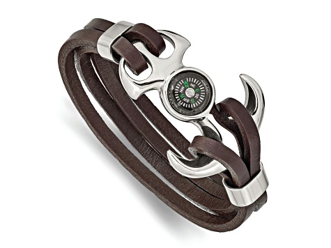 Brown Leather and Stainless Steel Polished Functional Compass 8.5-inch Bracelet