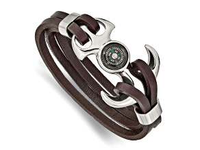 Brown Leather and Stainless Steel Polished Functional Compass 8.5-inch Bracelet