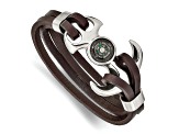 Brown Leather and Stainless Steel Polished Functional Compass 8.5-inch Bracelet