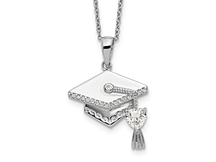 Sterling Silver Cubic Zirconia Graduation Cap Pendant with Chain