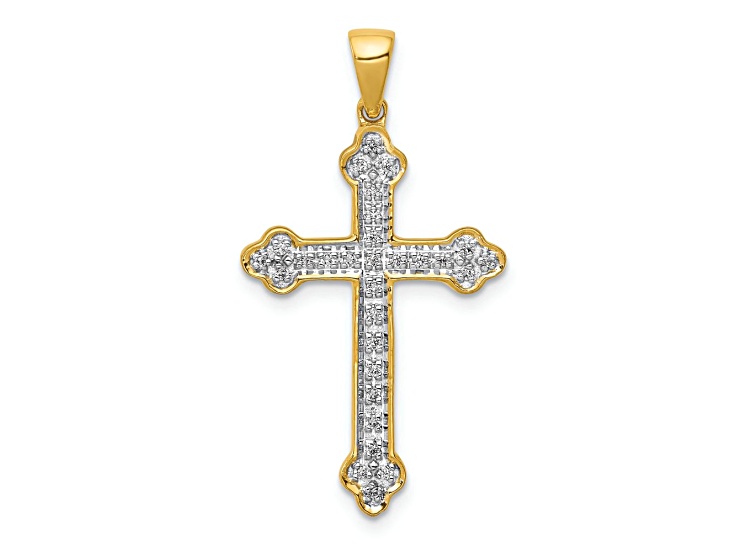10k Yellow Gold and Rhodium Over 10k Yellow Gold 0.108 cttw Diamond Cross Pendant