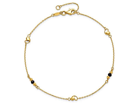 14K Gold Polished/Diamond-cut Heart Lab Created Onyx Beads 9-inch Plus 1-inch Extension Anklet