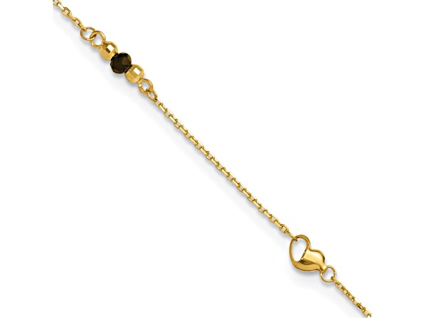 14K Gold Polished/Diamond-cut Heart Lab Created Onyx Beads 9-inch Plus 1-inch Extension Anklet