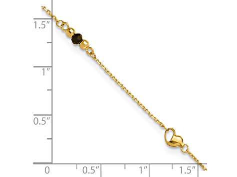 14K Gold Polished/Diamond-cut Heart Lab Created Onyx Beads 9-inch Plus 1-inch Extension Anklet