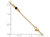 14K Gold Polished/Diamond-cut Heart Lab Created Onyx Beads 9-inch Plus 1-inch Extension Anklet