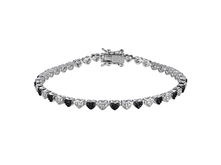 Black and White Diamond Rhodium Plated Sterling Silver Heart Tennis Bracelet 0.10ctw