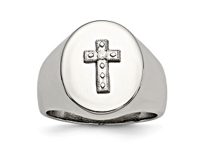 White Cubic Zircona Stainless Steel Polished with Sterling Silver Cross Men's Signet Ring
