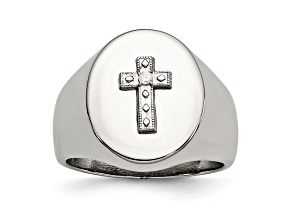 White Cubic Zirconia Stainless Steel Polished with Sterling Silver Cross Men's Signet Ring