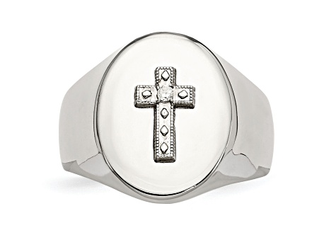 White Cubic Zirconia Stainless Steel Polished with Sterling Silver Cross Men's Signet Ring