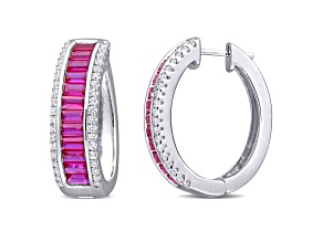 5.13ctw Baguette Created Ruby Created White Sapphire Hoop Earrings in Sterling Silver